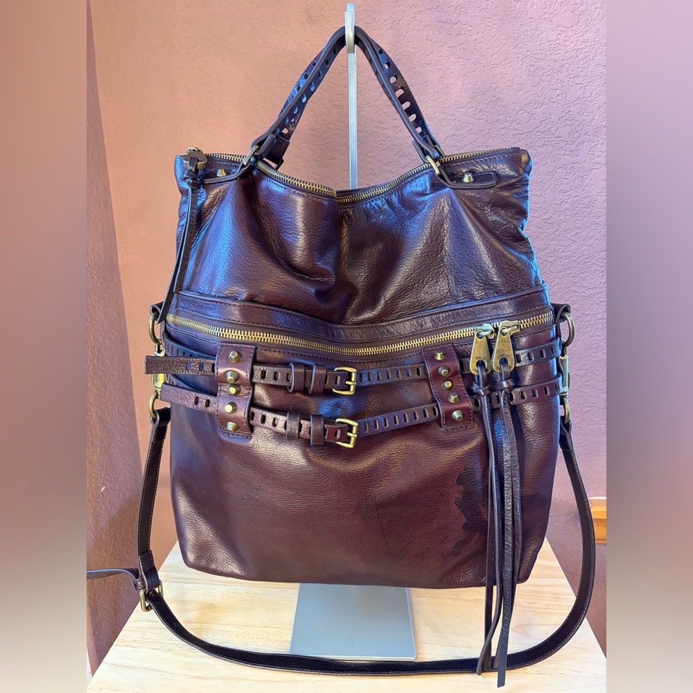 Joelle Hawkens Victory Folder Leather Bag | Brown Boho Studded Satchel Crossbody